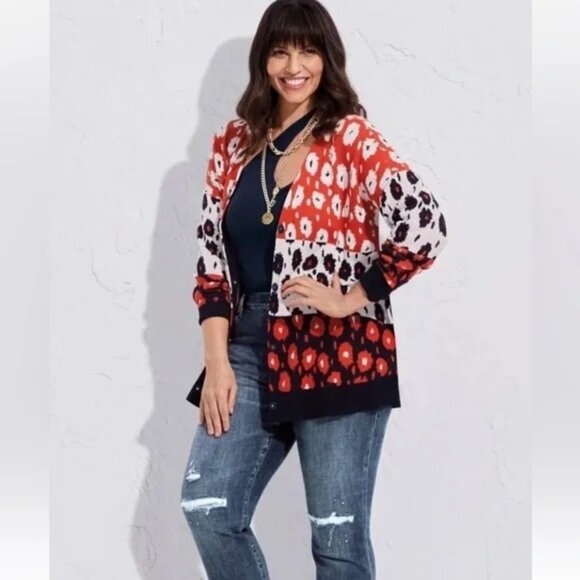 CABI Upbeat Cardigan Red White Cream Sz L #6163 EUC - Picture 1 of 5